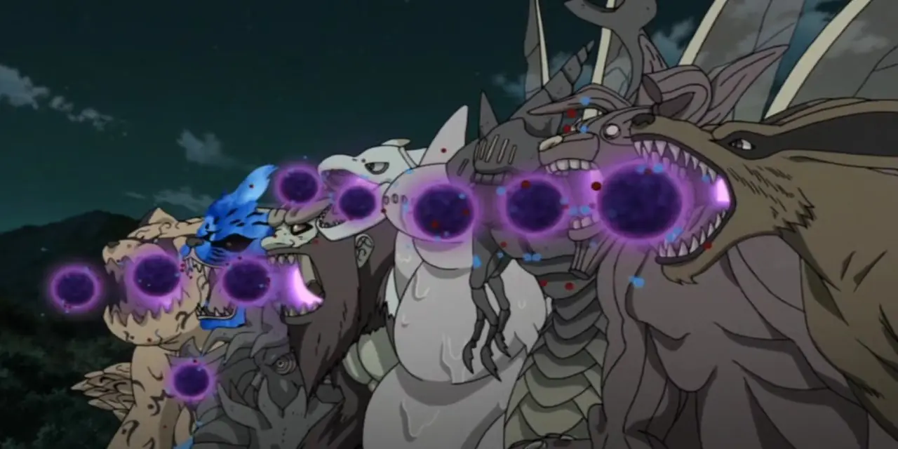 Nine Tailed Beasts는 Naruto: Shippuden의 Gedo 동상에서 꼬리 Beast Ball을 쏠 준비를 합니다.