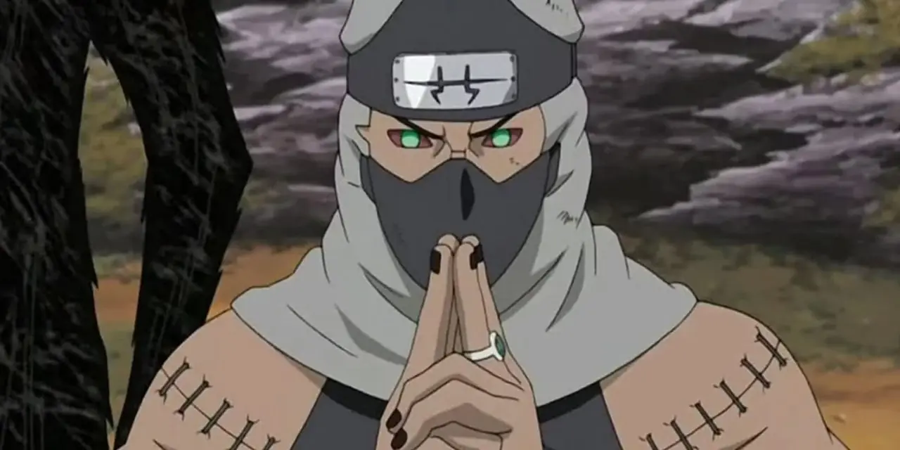 Kakuzu bereidt een Fire Style-jutsu voor tegen Kakashi en Team Asuma in Naruto: Shippuden