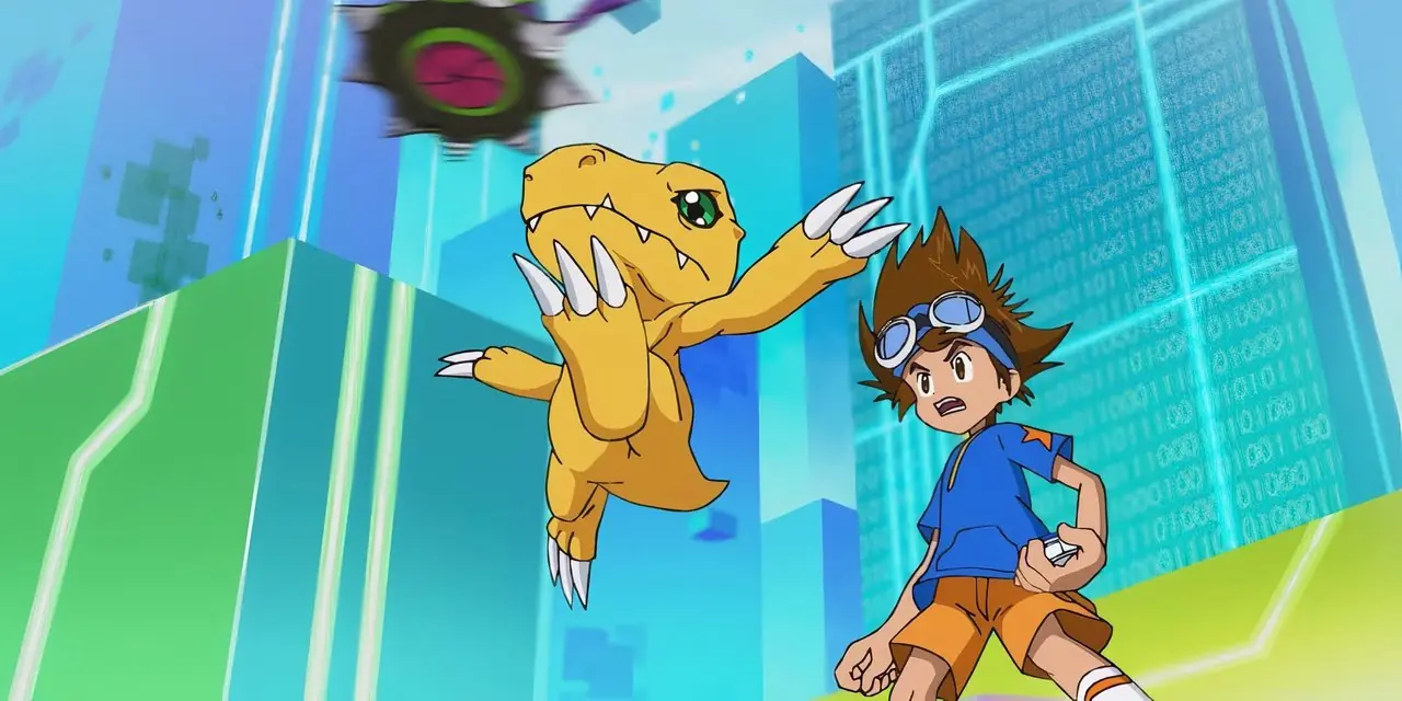El elenco principal de Digimon Adventure con sus compañeros Digimon de nivel Campeón.