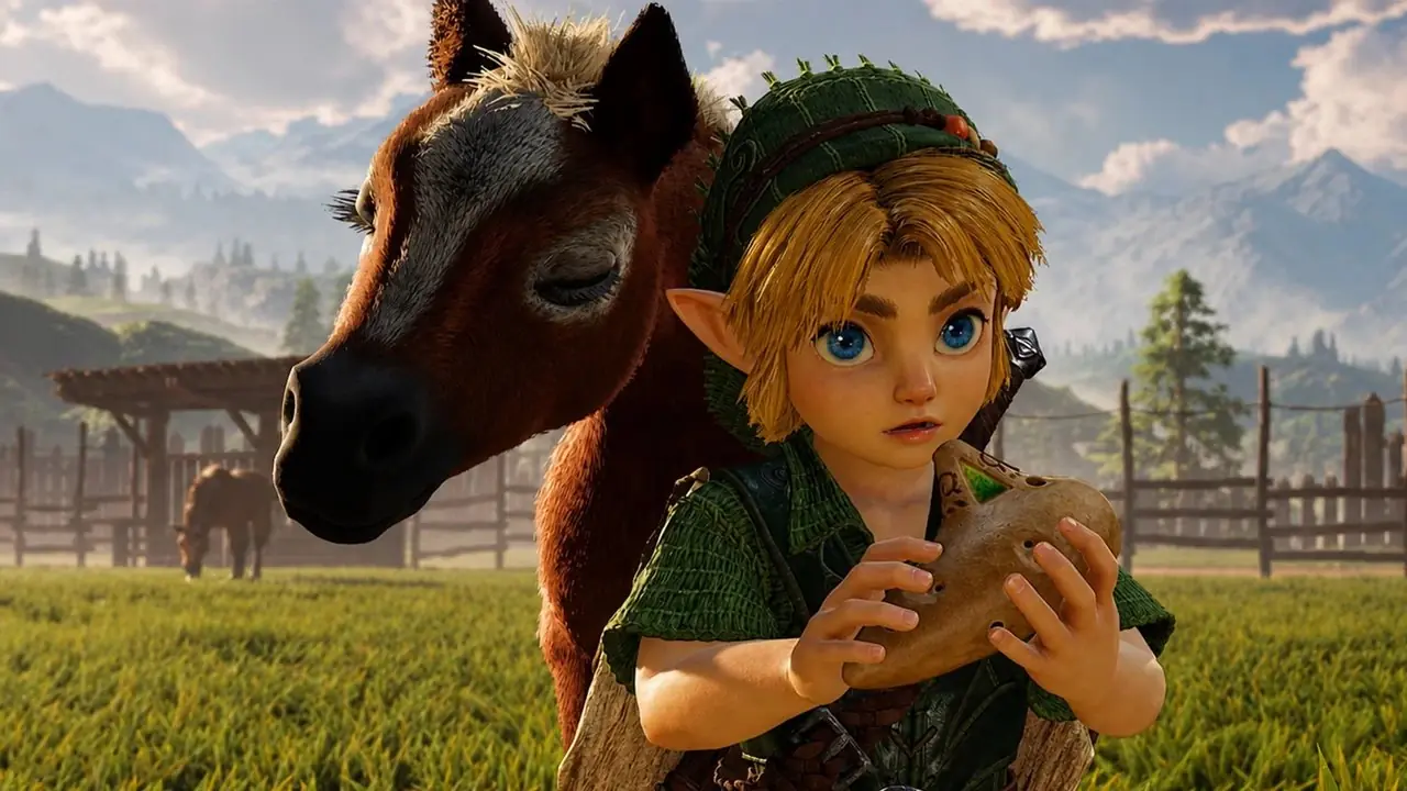 Switch 2의 시간의 젤다 오카리나 리메이크에서 Hyrule Field를 걷고 있는 Grand Theft Auto 6의 Jason과 Lucia